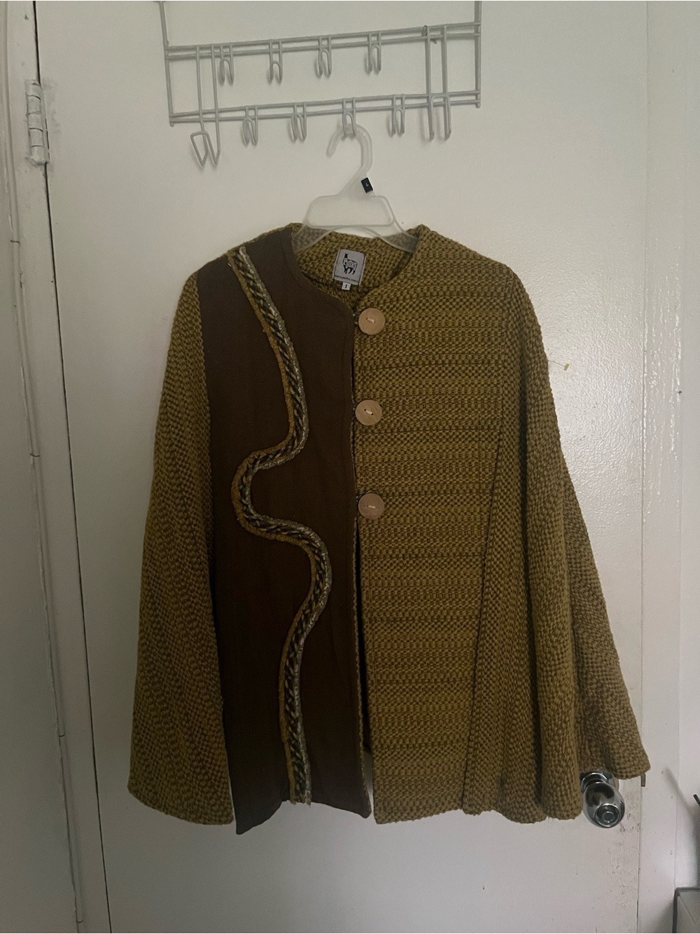 Puska Textured Olive Green Knit Swing Cardigan with Brown Accent - Picture 2 of 7